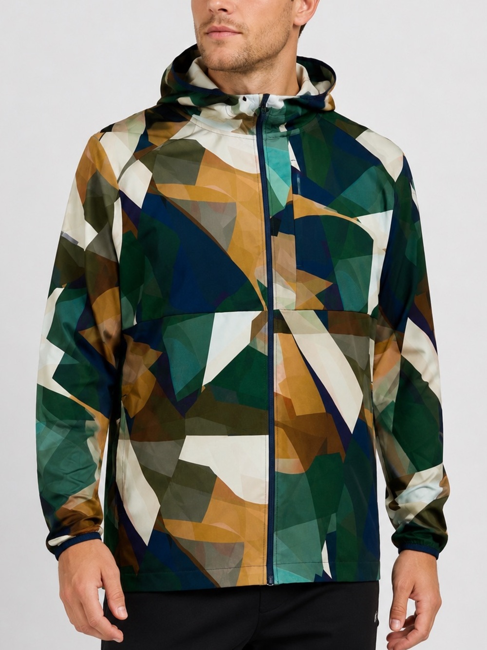 DSG men’s Full Zip Run Jacket size Large Green Geometric Hooded lightweight UPF